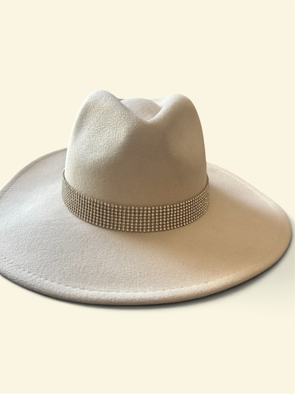 Beige Wide-Brim Felt Fedora with Rhinestone Band